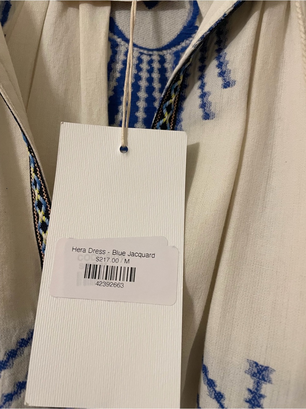 Kasia Cream Dress with Blue Embroidery and Tie Waist never worn - Picture 2 of 2